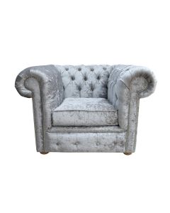 Chesterfield Low Back Club Chair Shimmer Silver Real Velvet Fabric In Classic Style