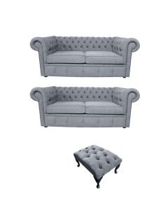 Chesterfield Original 2+ 2+Footstool Verity Plain Steel Grey Fabric Sofa Suite 