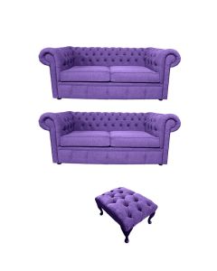 Chesterfield Original 2 Seater + 2 Seater + Footstool Verity Purple Fabric Sofa Suite 