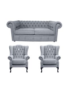 Chesterfield Original 2 Seater + 2 x Mallory Chair Verity Plain Steel Grey Fabric Sofa Suite 