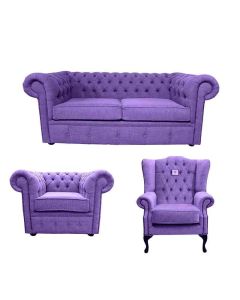 Chesterfield Original 2 Seater + Club Chair + Mallory Chair Verity Purple Fabric Sofa Suite 