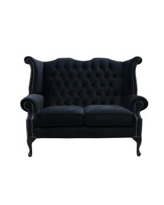 Chesterfield Original 2 Seater High Back Sofa Amalfi Black Velvet Fabric In Queen Anne Style