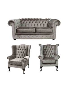 Chesterfield Original 2 Seater + Mallory Chair + Queen Anne Chair Verity Silver Fabric Sofa Suite 