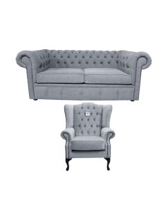 Chesterfield Original 2 Seater + Mallory Chair Verity Plain Steel Grey Fabric Sofa Suite