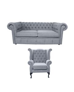 Chesterfield Original 2 Seater + Queen Anne Chair Verity Plain Steel Grey Fabric Sofa Suite