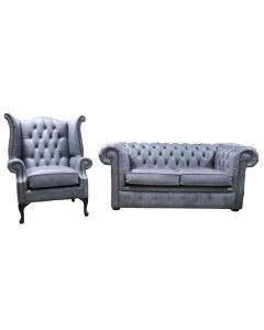 Chesterfield Original 2 Seater Sofa + Queen Anne Chair Cracked Wax Ash Grey Real Leather Sofa Suite