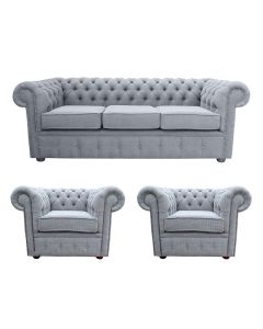 Chesterfield Original 3 Seater + 2 x Club chairs Verity Plain Steel Grey Fabric Sofa Suite