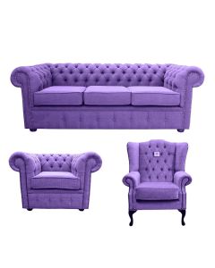 Chesterfield Original 2 Seater + Club Chair + Mallory Chair Verity Purple Fabric Sofa Suite 