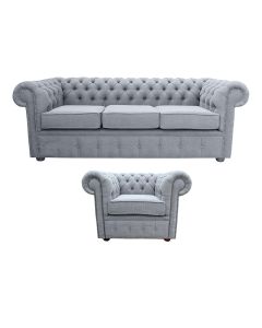 Chesterfield Original 3 Seater + Club chair Verity Plain Steel Grey Fabric Sofa Suite