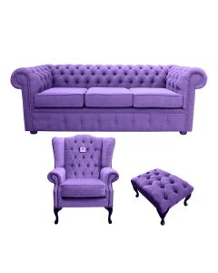 Chesterfield Original 3 Seater + Mallory Chair + Footstool Verity Purple Fabric Sofa Suite