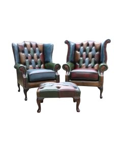 Chesterfield Original Patchwork Pair Of Queen Anne Wing Chairs Antique Real Leather