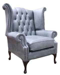 Chesterfield Original Queen Anne High Back Wing Chair Cracked Wax Ash Grey Real Leather
