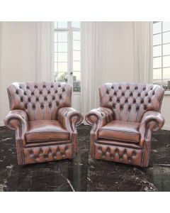 Chesterfield Pair High Back Wing Chair Antique Brown Leather Armchair In Monks Style