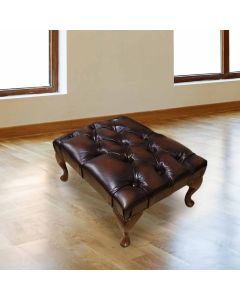 Chesterfield Queen Anne footstool Antique Brown Real Leather In Classic Style