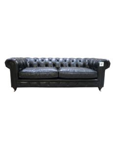 Earle Grande Chesterfield 3 Seater Vintage Black Leather Sofa Fast Delivery