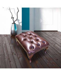 Leather Queen Anne Footstool Buttoned Seat In Old English Dark Brown Colour