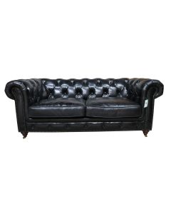 Vintage 2 Seater Chesterfield Distressed Black Real Leather Sofa