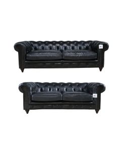 Vintage 3+2 Earle Chesterfield Sofa Suite Distressed Black Real Leather 