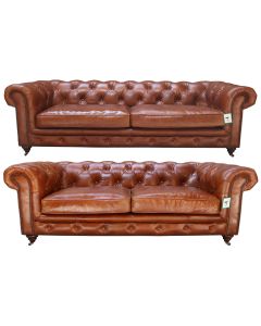 Vintage Chesterfield 3+2 Distressed Tan Leather Sofa Suite