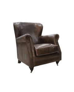 Vintage Custom Made High Back Armchair Distressed Brown Real Leather 
