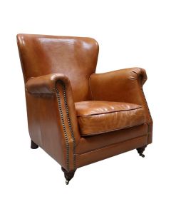 Vintage Custom Made High Back Armchair Distressed Tan Real Leather 