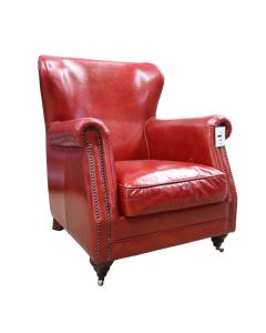 Vintage Genuine High Back Armchair Distressed Rouge Red Real Leather 