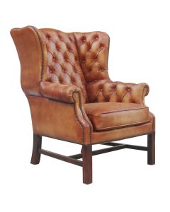 Vintage Handmade Buttoned Wing Chair Distressed Tan Real Leather 