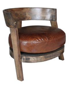 Vintage Handmade Round Wooden Tub Chair Distressed Brown Real Leather 