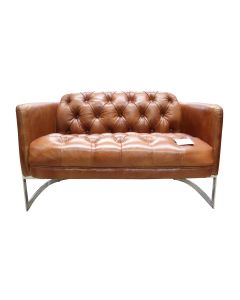 Vintage Metal Frame Chesterfield Buttoned 2 Seater Sofa Distressed Tan Real Leather 
