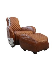 Vintage Saddle Hair On Hide Lounge Distressed Tan Leather Chair With Footstool