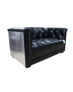 Vintage Spitfire Chesterfield 2 Seater Aluminium Sofa Black Distressed Real Leather 