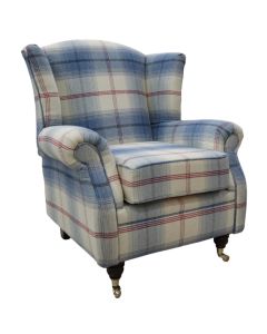 Wing Chair Original Fireside High Back Armchair P&S Balmoral Royal Blue Check Real Fabric 