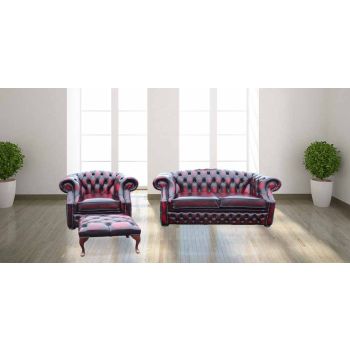 Chesterfield 2+1+Footstool Antique Oxblood Red Leather Sofa Suite In Buckingham Style