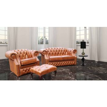 Chesterfield 2+1+Footstool Old English Tan Leather Sofa Suite In Buckingham Style