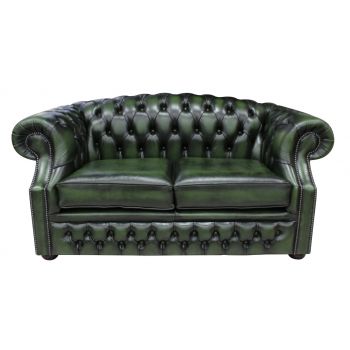 Chesterfield 2 Seater Antique Green Leather Sofa Bespoke In Buckingham Style