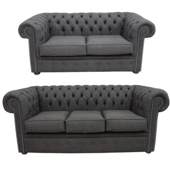 Chesterfield 3+2 Seater Sofa Suite Charles Charcoal Grey Linen Fabric In Classic Style