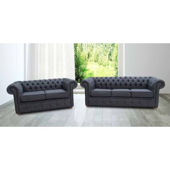Chesterfield 3+2 Seater Sofa Suite Zoe Granite Grey Fabric In Classic Style