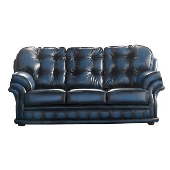 Chesterfield 3 Seater Antique Blue Leather Sofa Bespoke In Knightsbr­idge Style