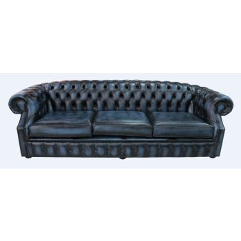 Chesterfield 4 Seater Antique Blue Leather Sofa Bespoke In Buckingham Style