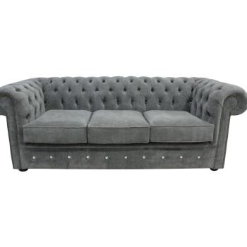 Chesterfield Crystal 3 Seater Sofa Keira Pewter Grey Fabric In Classic Style